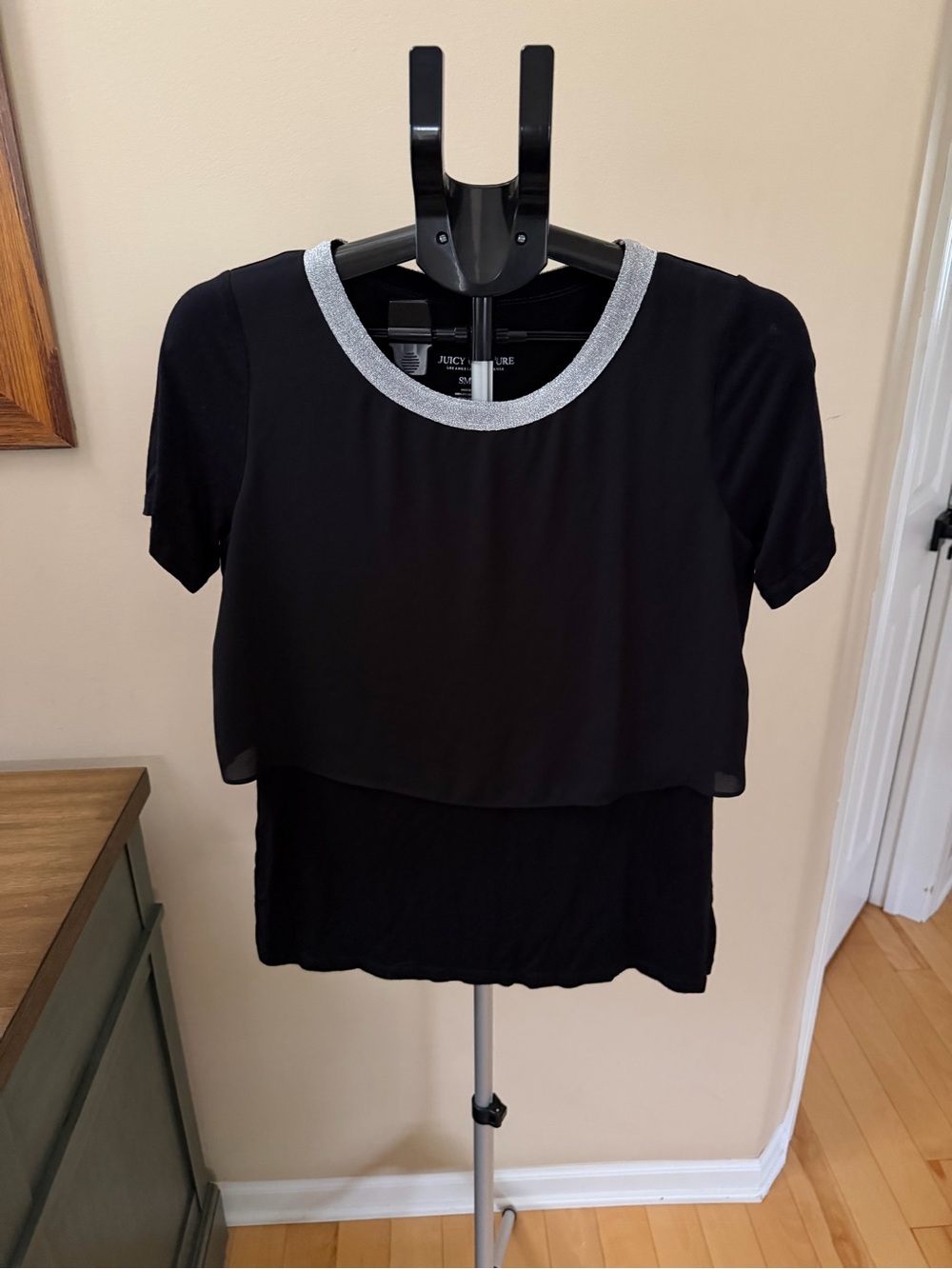 Juicy Couture Womens Black Layered Chiffon Top Short Sleeve Blouse Small